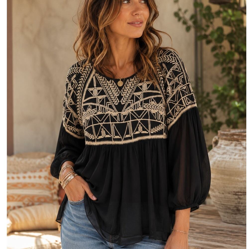 Sundance Embroidered Boho Peasant Top Sheer Black Balloon Sleeve Small Artisan